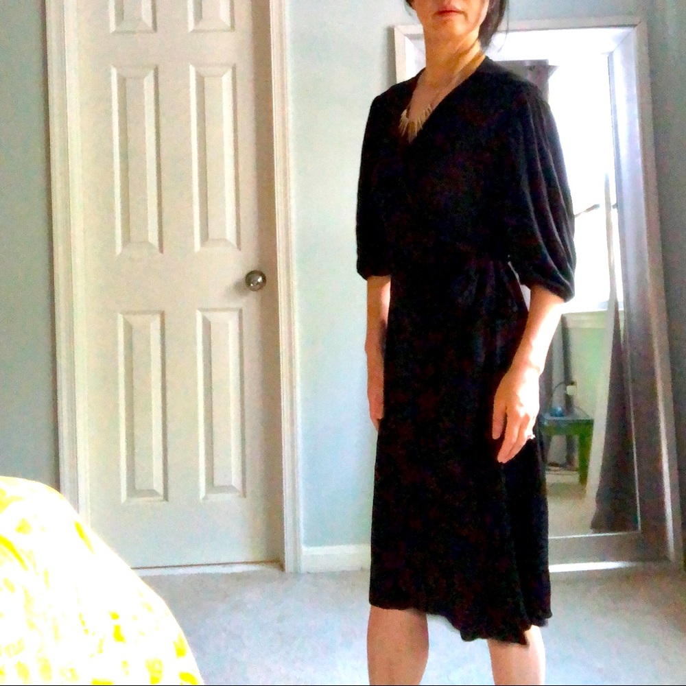 Black wrap dress with drop shoulder puffy sleeves